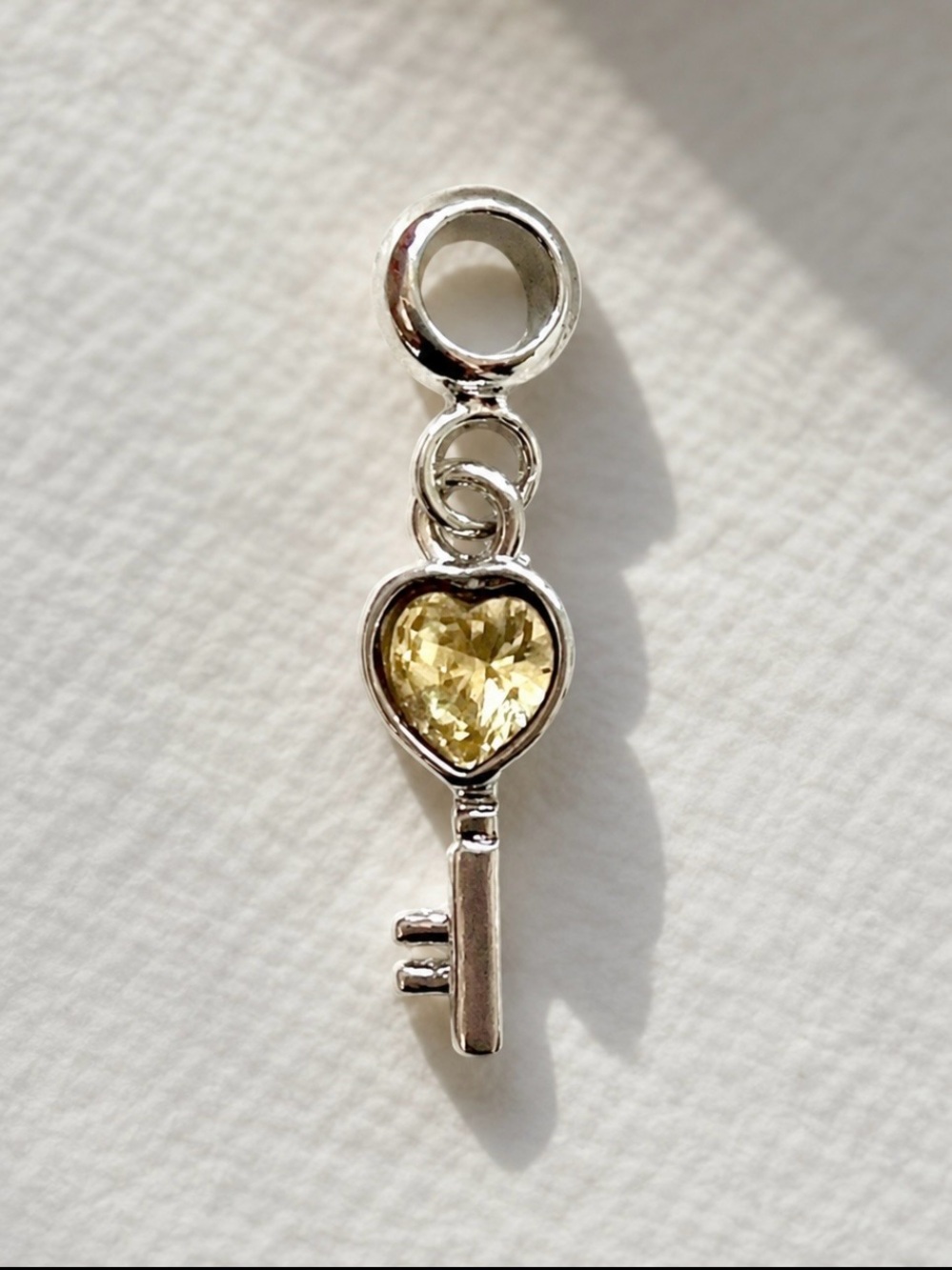 Silver Rhinestone Heart Key Charm Pandora Compatible